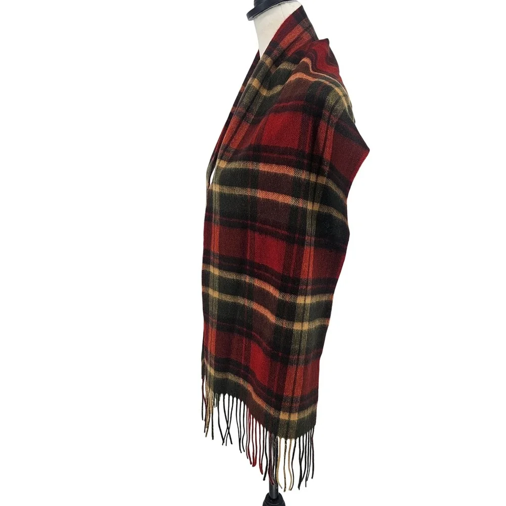 Club Room‎ Cashmere Tartan Plaid Scarf Orange Green Tan Fringe Unisex Classic